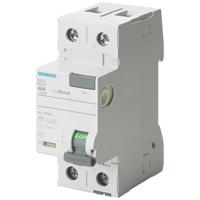 Siemens RCCB-fejlstrømsafbryder, 2-polet Type A, 25 A og 10 mA, set skråt forfra med testknap og betjeningsgreb.