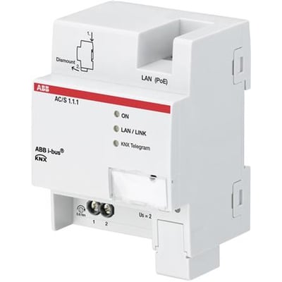 ABB KNX Kontroller Basic AC/S1.1.1 med angivelser for LAN (PoE), dismount-instruktioner og statusindikatorer.