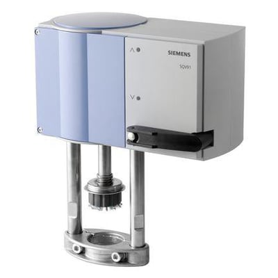 Siemens SQV91P40 ventil aktuator med 1100N og 40mm spindel, vist med den udstrakte spindel på hvid baggrund.