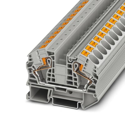 Tværsnit af Phoenix Contact gennemgangsklemme PT 16 N, der viser den interne push-in-mekanisme og 16mm² tilslutningsdiameter.