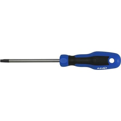 Torx skruetrækker T40 x 125mm med blå og sort to-komponent håndtag og blank CR-MO stålklinge med hængehul.