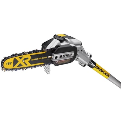 DeWalt 18V XR kædesav med forlængerskaft, viser det sorte og gule kædesavshoved med DeWalt logo og 18V XR markering.