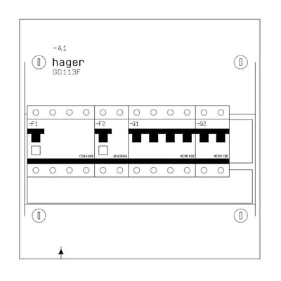 Hager GD113F boligtavle med 1 række, viste komponenter som HPFI, automatsikringer og faseskinne på en hvid baggrund.