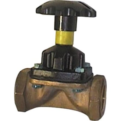 Saunders membranventil type 300 i rødgods med sort drejehåndtag og gevindtilslutning, egnet til brugsvand.