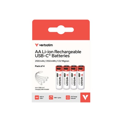 Emballage med Verbatim genopladelige AA-batterier type 30249 med USB-C-opladning og kabel.