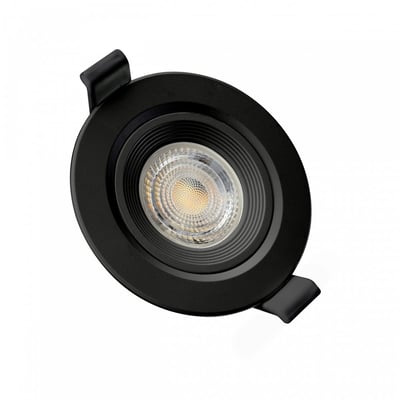 SpectrumLED Fiale Core spot GU10, en sort justerbar rund spotlampe med mål på Ø90x26mm og 75mm hulstørrelse.