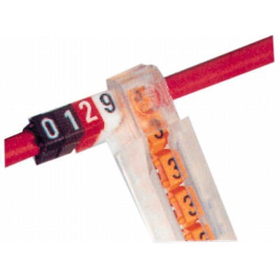 Legrand CAB3 ledningsmærke 'H' sort på gul baggrund monteret på rød ledning, med nummer 0129 synligt.