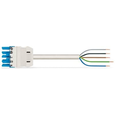 Wago 5G2,5 mm tilslutningskabel med hunstik i blå og hvid samt fem afisolerede ledere i hvid, sort, brun, grøn og blå.
