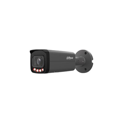 Sort Dahua 4 MP smart dual light bullet-netværkskamera med fast 2,8 mm objektiv, set skråt forfra med beslag.