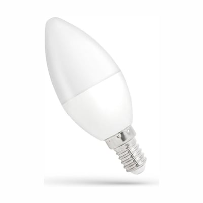 SpectrumLED C37 LED-pære med hvid, aflang kuppelform og synlig E14-skruefatning, 6 W og 6000 K kold hvid.
