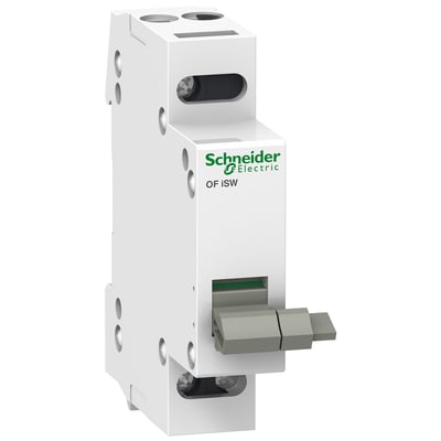 3/4 vinkel af Schneider Electric OF iSW hjælpekontakt i hvid, viser logo og betjeningsgreb på hvid baggrund.