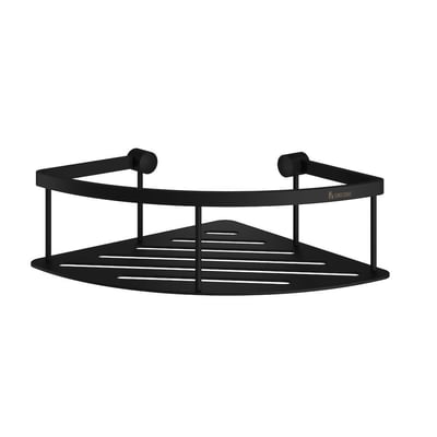 Smedbo Sideline hjørne brusekurv i mat sort, fremstillet af solid messing med mål på 200 x 200 mm.
