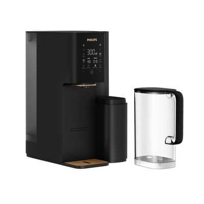 Philips vandsdispenser ADD6920BK/10 i sort med et aftageligt, gennemsigtigt vandreservoir ved siden af.