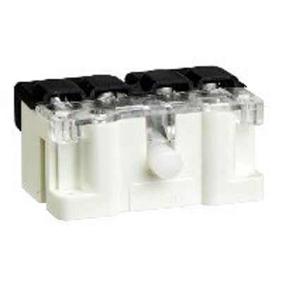 Schneider Electric microswitch arm med rulle til højre, hvid plast med klar top og sort terminal. Bruges i CMD busbar trunking.