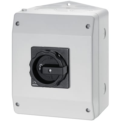 Siemens 6-polet hovedafbryder 32A i grå kunststofkapsling, vist med sort drejeknap i IP65-beskyttelse.