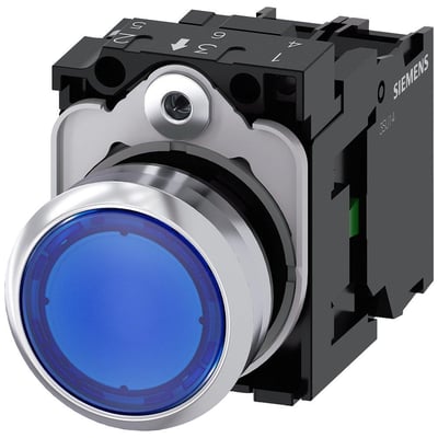 Siemens Sirius Act 22mm trykknap med lys i metal, rund, blå, 1NO kontakt med integreret LED 230V AC.