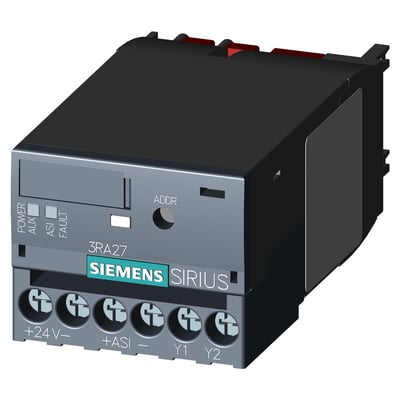 Siemens AS-i-funktionsmodul 3RA2712-1AA00 set skråt forfra med gråt frontpanel og skruetilslutninger.