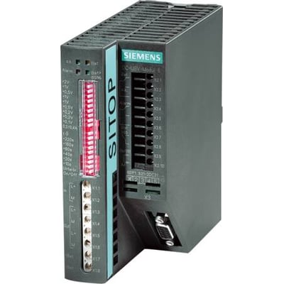 Siemens Sitop DC UPS 15A modul med interface. Mørkegrå enhed med grøn Siemens logo og detaljeret skrift på siden.