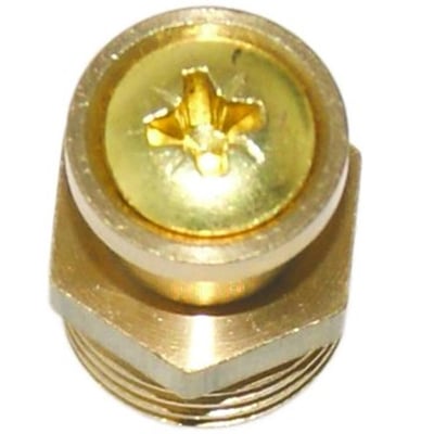 Messing gasprøvestuds med 1/4'' rørgevind og guldet lukkeskrue med kærv, isoleret på hvid baggrund.