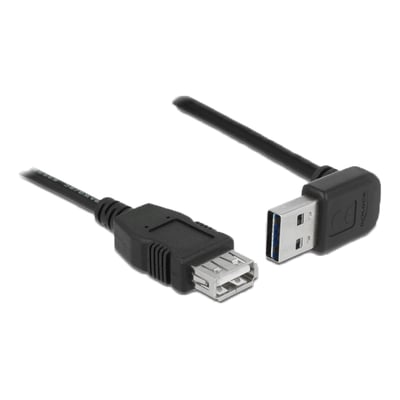 Sort Delock USB 2.0-forlængerkabel på 2 meter med EASY-USB-A-hanstik og USB-A-hunstik, vist med begge stik.