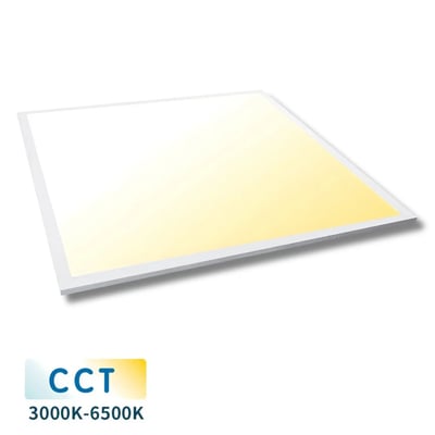 Hvidt LED-panel 60 × 60 cm med lysende flade set skråt forfra; CCT-markering viser justerbar farvetemperatur fra 3000 til 6500 K.