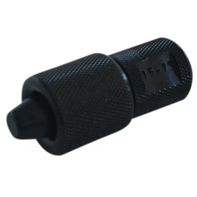 Georg Fischer kalibreringsværktøj til 18 mm kobberrør, viser det sorte, riflede værktøj med en spidsende og en justeringsring.