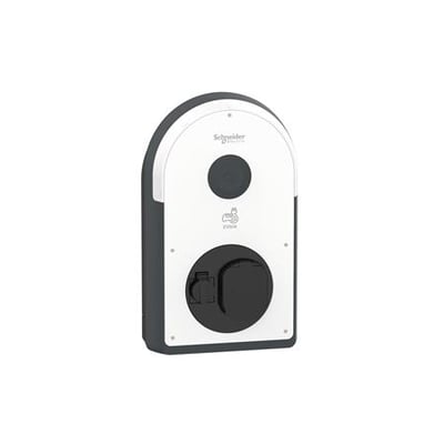 Schneider Electric EVlink Pro AC ladeboks på 22kW med T2-udtag og RCD Type B, fremstillet i grå og hvid plast, vist fra siden.