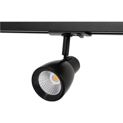 Sort Vento Nice LED spot på 10W med 3000K farvetemperatur, monteret på en sort skinne.