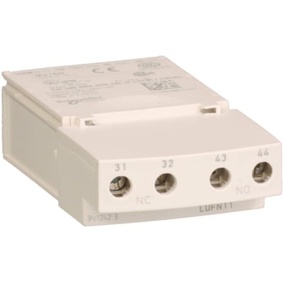 Schneider Electric Hjælpekontakt LUFN11, statisk type med 1 NO og 1 NC kontakt, vist med fronten fremad og mærkat detaljer synlige på lys baggrund.