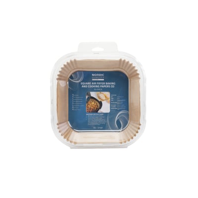 Nordic Quality 50-pak square airfryer bagepapir i størrelse Small (16 x 4,5 cm) præsenteret i klar plastikemballage.