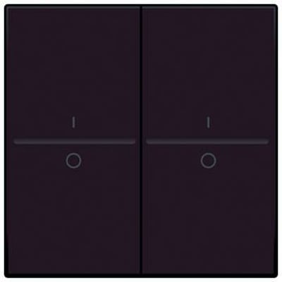 Niko tangent med i/o symbol til 4-tryk i mørkebrun finish, viser to kontakter med tydelige symboler på en neutral baggrund.