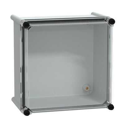 Schneider Electric kapsling 7035 set fra front, viser det transparente låg og grå polycarbonat kabinet med sorte låse.