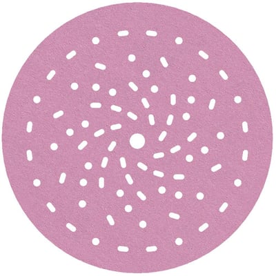 Tyrolit SIA 1950 SF sliberondel, 150mm diameter, kornstørrelse 320 med velcro og 57 støvhuller. Sliberondellen er lyslilla med mange små hvide prikker og streger.