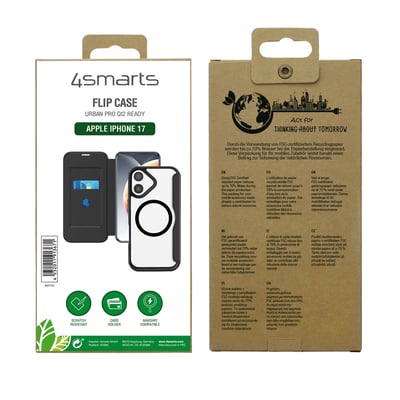 Emballage til 4smarts Urban Pro sort flipcase til Apple iPhone 17 med illustration af coveret på forsiden.