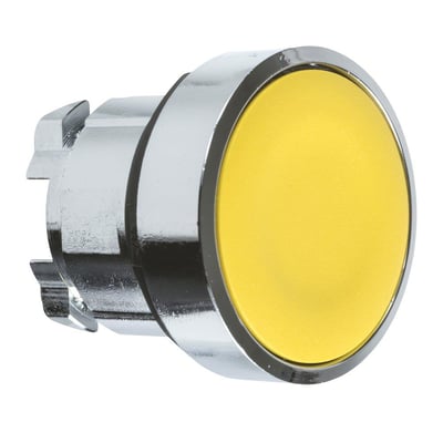 Detalje af Schneider Electric trykknap med gul front, kromring og monteringsclips, Ø 22 mm, vist fra en let vinkel.