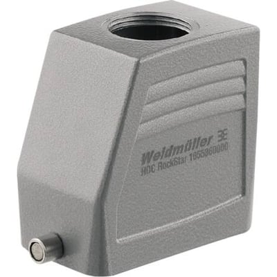 Weidmüller HDC kabelhus størrelse 4, til 1xM32 topmontering med en enkelt bøjle. Husets overflade er grå og tekstureret.