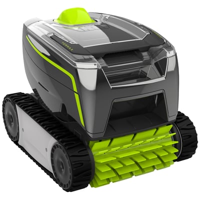 Swim & Fun Zodiac Robot GT3220 poolrobot præsenteret isoleret på hvid baggrund, med tydeligt synlige grønne børster og larvefødder.