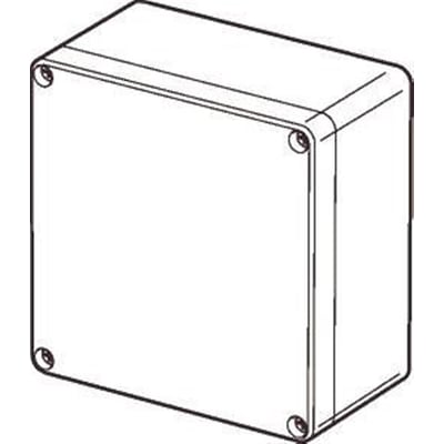 Stiliseret tegning af en lukket Fibox monteringskasse i lysegrå polycarbonat, fremhæver dens firkantede form og låsemekanismer.