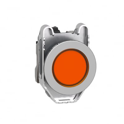 Detaljeret vinkel af Schneider Electric flush signallampe, der viser den orange LED-linse og metalrammens konstruktion.