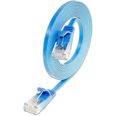 Blåt SLIM Flat U/UTP Kat.6 patchkabel på 20 meter med tydelige RJ45-stik og lavprofildesign.