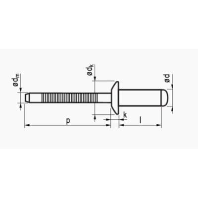 MFX blindnitte 3,2x12 mm med rundhoved og angivne mål for syrefast/syrefast materiale.