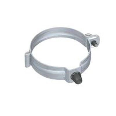 Rheinzink RZ rørholder til 100mm rør, udført i blank zink med justerbar klemme og skrue til montering.