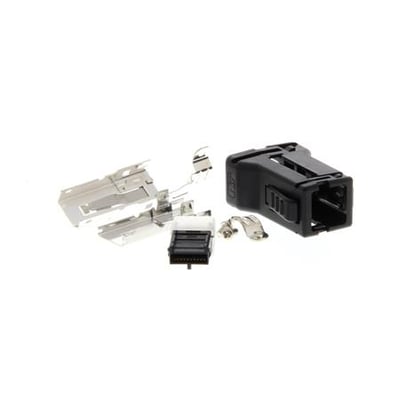 Omron G5-serien servo ekstern encoder-stik R88A-CNK41L, viser alle dele samlet og adskilt på hvid baggrund.