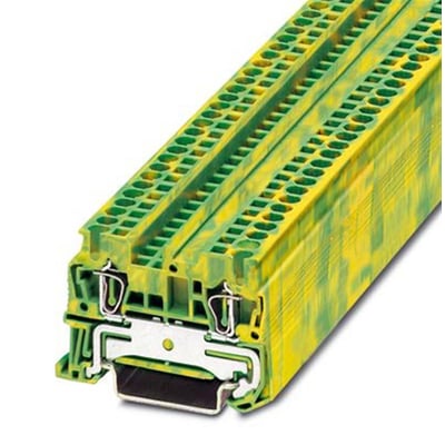 Detaljebillede af Phoenix Contact jordklemme ST 2,5mm², viser fjedertilslutningen og monteringsmekanismen.