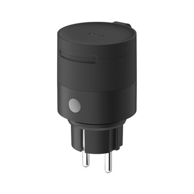 Sort Aqara Outdoor Plug H2 EU til udendørs brug med rund, cylindrisk form og to synlige stikben.