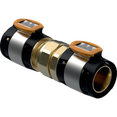 Geberit FlowFit union 50mm i blyfri siliciumbronze med messingdetaljer og orange låseclips, vist fra siden.