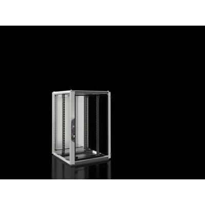 Rittal VX IT standard serverskab i sølvfarvet metal med åben frontdør og monteringsskinner, på sort reflekterende baggrund.