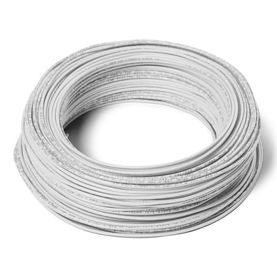 Hvid installationsledning H07V-U 1X1,5 meter, R-100, rullet sammen på en hvid baggrund.