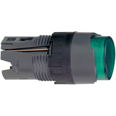 Schneider Electric Lampetryk ZB6AE3 med grøn linse og mørkegrå plasthus, vist fra siden med synlige monteringsdetaljer.
