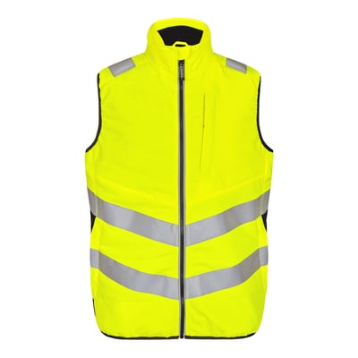 Engel vest model 5159-158 i str. L, med gul og sort farve, fremviser refleksstriber på maven og skuldre.